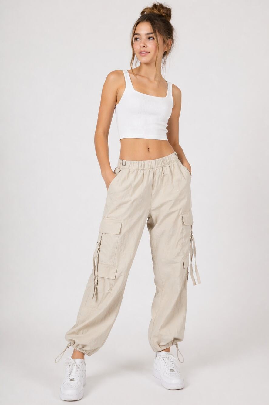 Tinseltown Beige Cargo Jogger Pants Size Small Elastic Waist Lightweight Utility